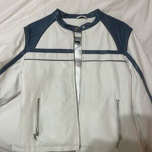 Vintage white and blue Max Rider leather motorcycle jacket
